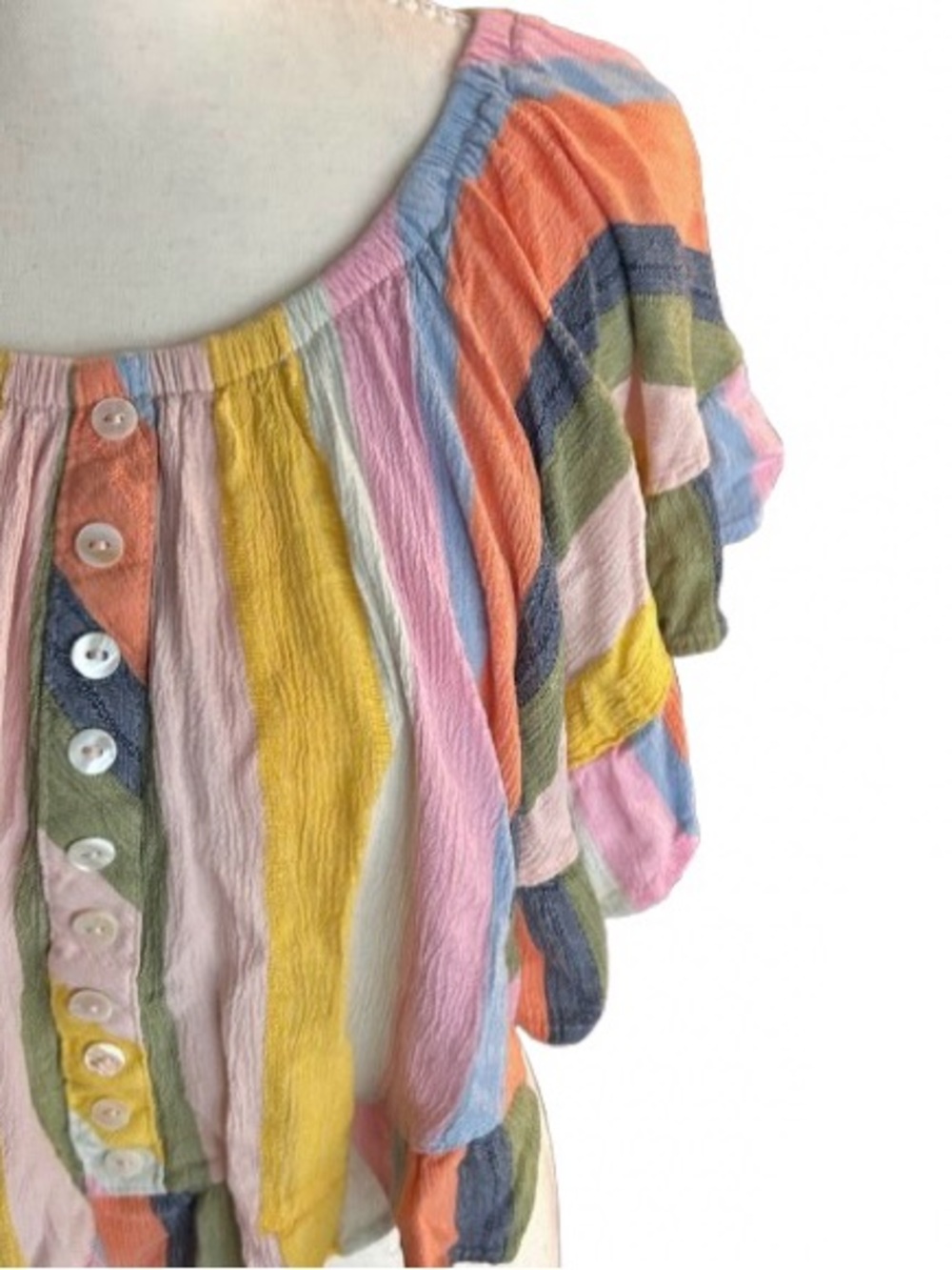Crop Angie Pastel Rainbow StripeTop Shirt Large Boho Cropped Ruffle Beach Beachy - Picture 4 of 11